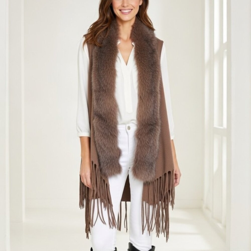 Brown Sleeveless Vest Sweater with Faux Fur Trim